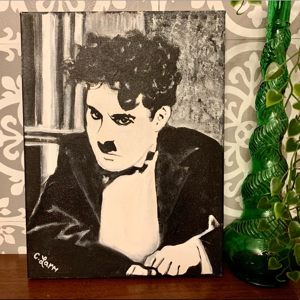 Hand painted acrylic portrait Charlie Chaplin B&W 2004